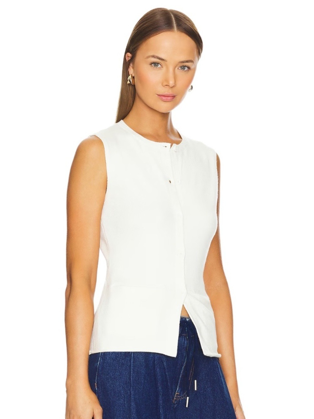 Revolve x LIONESS KOURT VEST Sleevless Button Down Lightweight Knit Cream XS - Picture 2 of 14